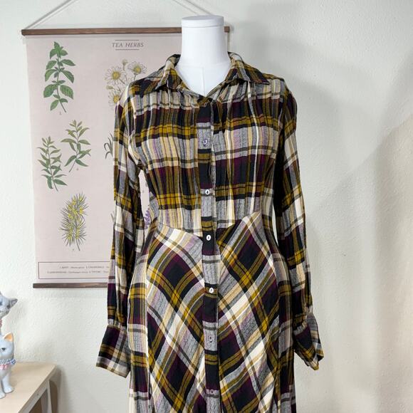 Natural Life Plaid Maxi Shirt Dress Fairy Grunge Whimsigoth Lagenlook Boho M - Picture 3 of 8